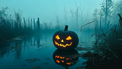 Halloween pumpkin in a misty swamp - Powered by Adobe
