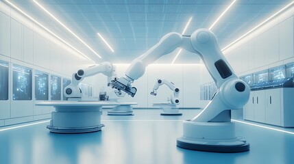 Advanced robotic arms in a smart manufacturing factory assembling high-tech machinery in a clean blue-toned environment showcasing futuristic industrial automation technology.