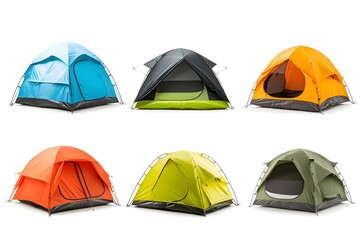 Six colorful dome tents arranged on a white background showcasing camping equipment and outdoor shelter options
