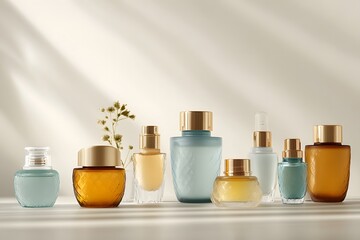 Elegant assortment of perfume bottles in various shapes and colors with a plant accent on a light surface