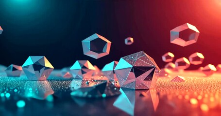 Colorful geometric crystals scattered on a reflective surface with a vibrant background glow - Powered by Adobe