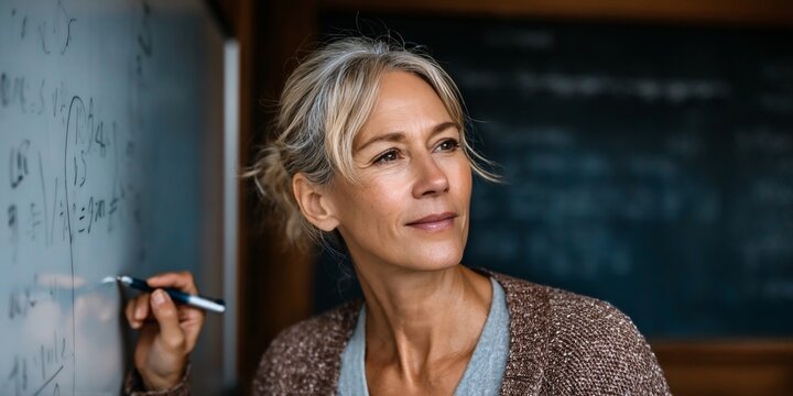 Dedicated Educator at Whiteboard Explaining Complex Math Concepts to Engaged Students in Classroom