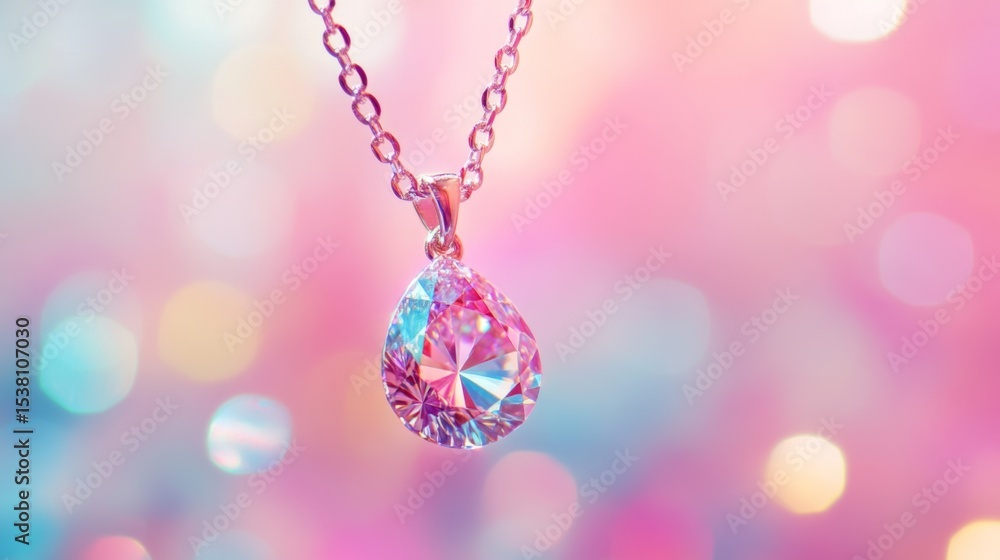 Poster a close-up of a sparkling diamond pendant hanging from a delicate chain, with a blurred background o
