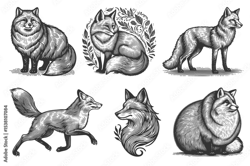 Poster fox set collection bundle sketch engraving generative ai vector illustration. scratch board imitatio
