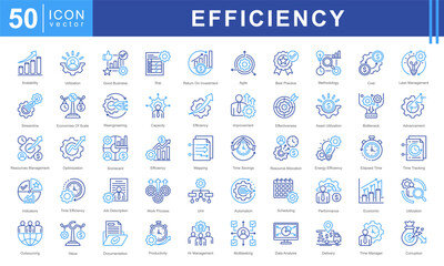 Icon set representing key concepts in Business Efficiency, resource utilization, time management, process improvement, and performance optimization.