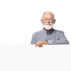 Smiling Elder Holding Blank Signboard in Studio with Grey Background