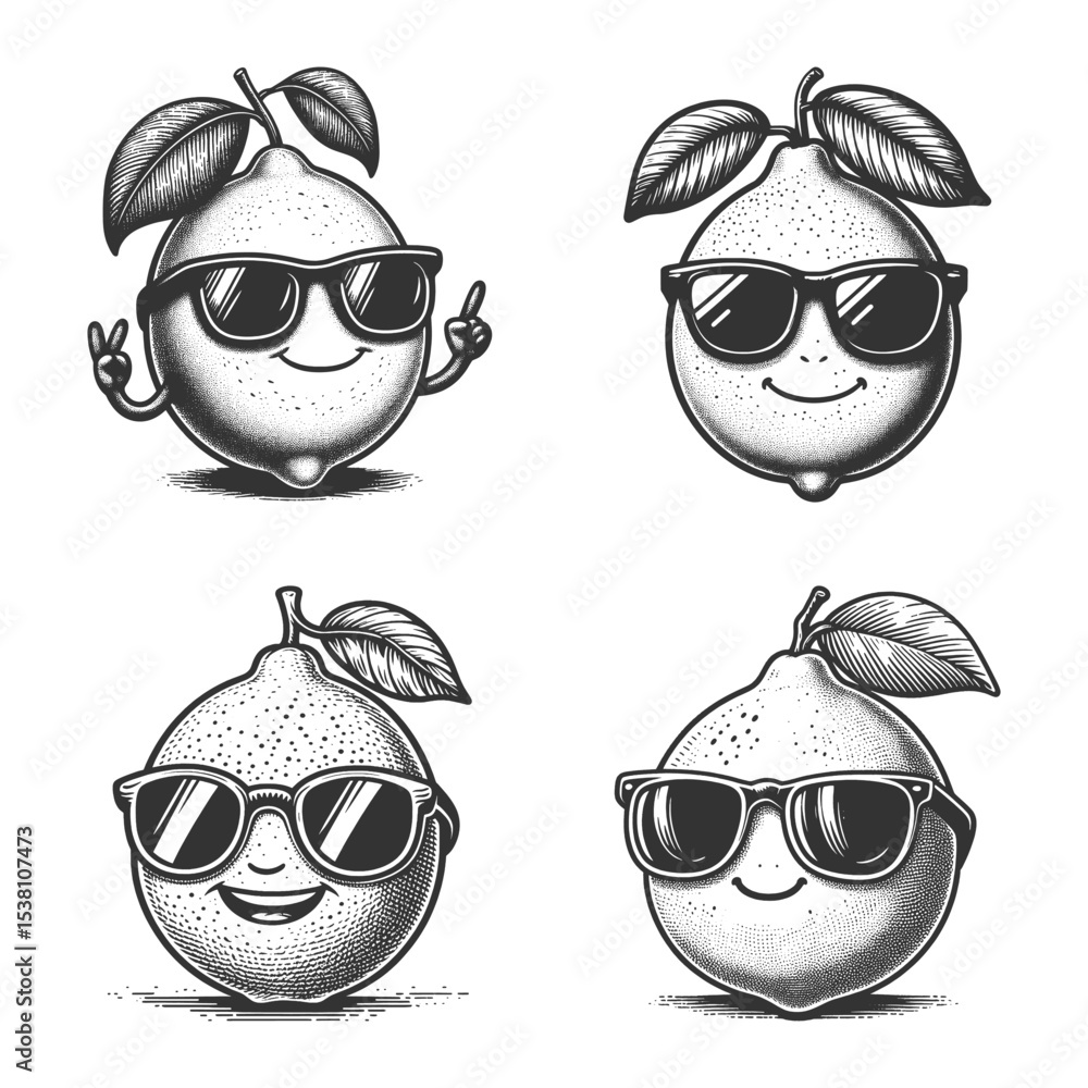 Poster lemon characters wearing sunglasses and smiling set collection bundle sketch engraving generative ai