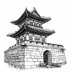 Sketch illustration of a Korean royal palace. Asian style palace isolated on white background