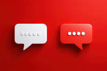 Modern communication icons symbolizing chat and messaging on a vibrant red background.