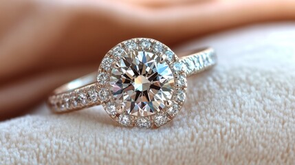 A close-up of a stunning diamond ring set on a soft velvet surface, showcasing its brilliance and intricate details in a luxurious setting.