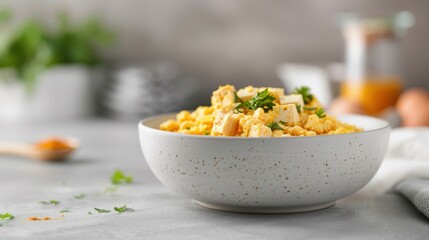 A photorealistic image of a tofu scramble seasoned with turmeric and spices.