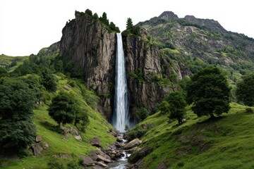 Majestic waterfall cascading down rocky mountains natural landscape serene environment panoramic view