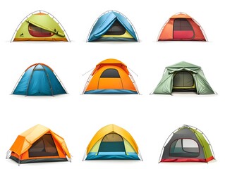 A collection of nine colorful camping tents displayed on a white background in a grid arrangement