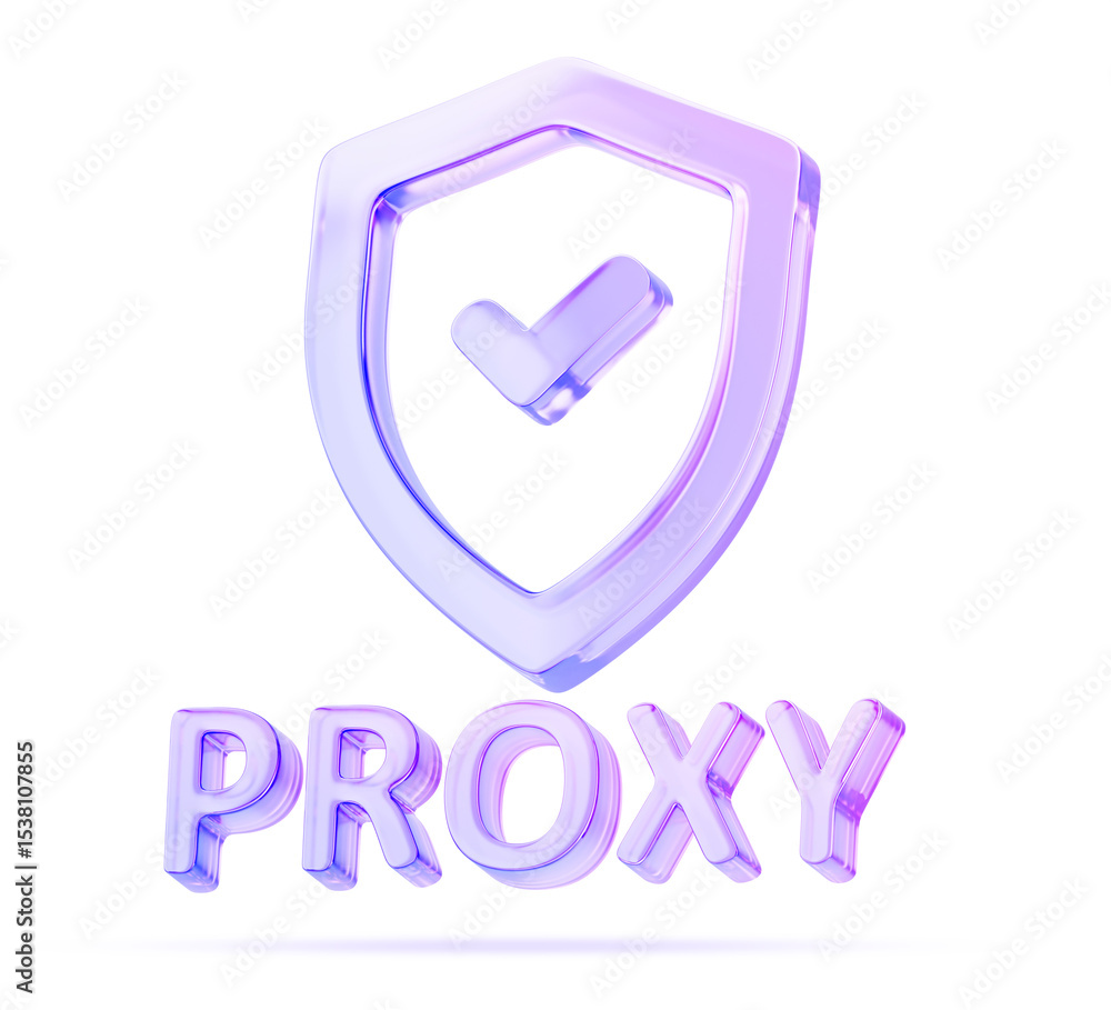 Poster glass holographic security shield with check mark and proxy server 3d render icon. hides ip address 