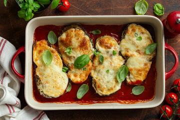 cheesy stuffed eggplant parmigiana with tomato sauce