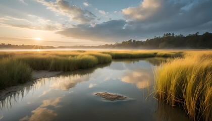 Fototapeta premium Serene landscape featuring a tranquil river flowing through a grassy field at sunrise or sunset
