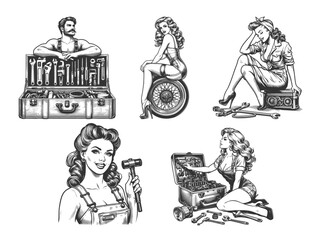 pin-up men and women with toolboxes and car parts, classic automotive repair themes Set collection bundle sketch engraving generative ai vector illustration. Scratch board imitation. Black and white.