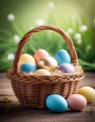 Decorative wicker basket of multicolored Easter eggs on wooden table and green grass background, vertical image.