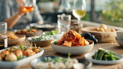 A Korean feast with a bowl of fiery red kimchi sauce.