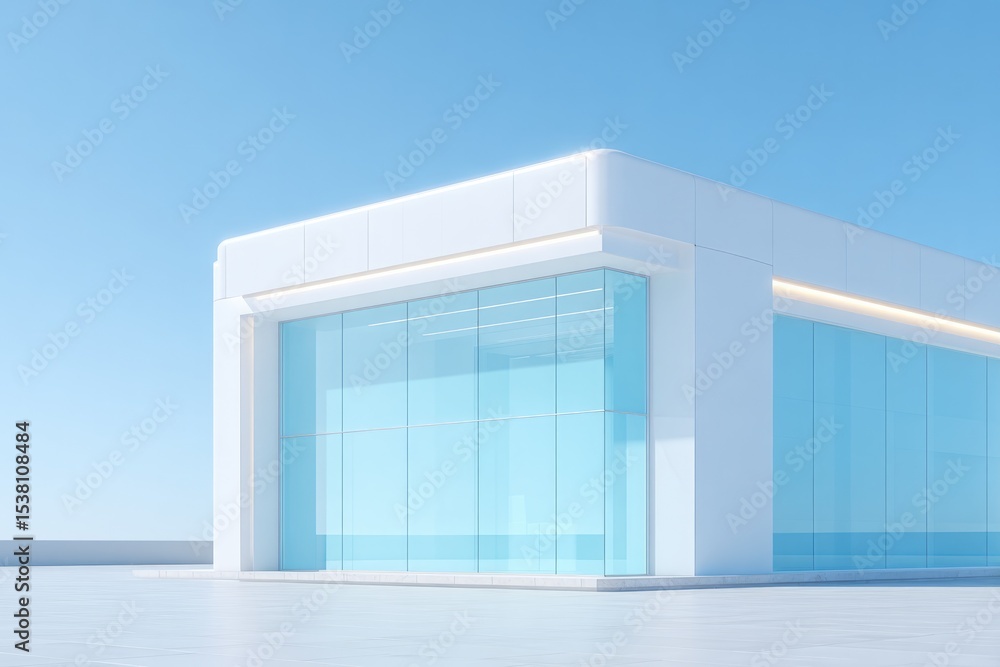 Poster capture facade of modern discount center in understated style minimalist design with ample copy spac
