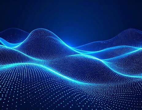 Neon data waves and glowing particles create an abstract digital terrain in vivid gradient colors, perfect for tech event stage backdrop, sound wave interpretation,
