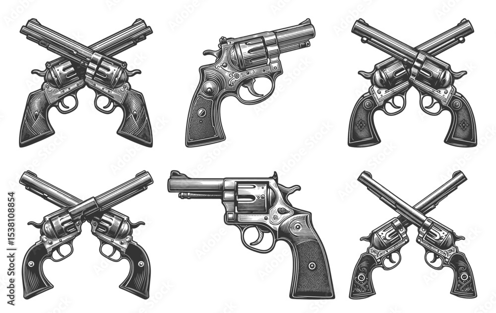 Poster revolver pistol set collection bundle sketch engraving generative ai vector illustration. scratch bo