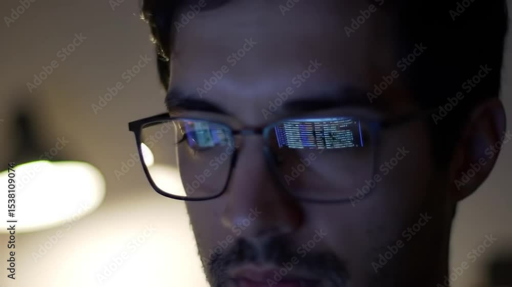 Poster close up of a man wearing glasses reflecting a computer screen in a dark room focused and contemplat