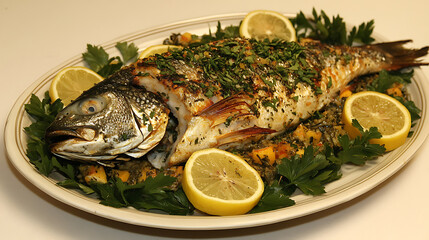 Delicious baked sea bass served whole on a platter with lemon wedges and fresh herbs, perfect for a seafood culinary creation.