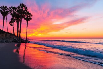 Sunset beach scene with palm trees california nature photography tropical vibes serene viewpoint