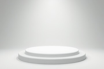 Shiny white round pedestal podium. Abstract high quality 3d concept illuminated pedestal by spotlights on white background. Futuristic background can be add on banners flyers ro web. 3d render.