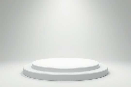 Shiny white round pedestal podium. Abstract high quality 3d concept illuminated pedestal by spotlights on white background. Futuristic background can be add on banners flyers ro web. 3d render.
