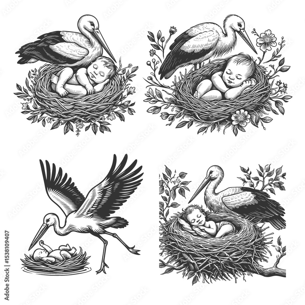 Poster stork and baby set collection bundle sketch engraving generative ai vector illustration. scratch boa