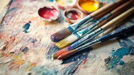 Obraz premium A close-up of paintbrushes and watercolor paints beside a beautifully colored artwork, capturing the transition from drawing to vibrant coloring