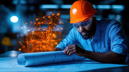 Engineer studying blueprints with digital overlay
