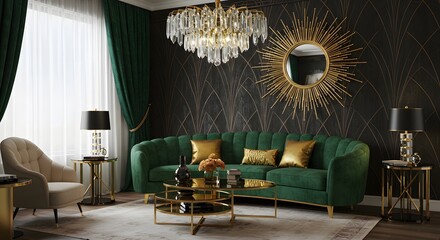 A luxurious living room with a green velvet sofa and a large, ornate mirror