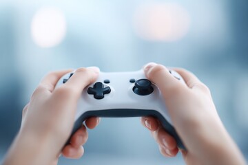 close-up of gamer deeply engaged in video game minimalistic setup hands gripping controller