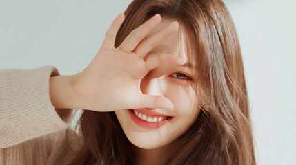 Smiling Woman Covering One Eye with Hand in Sunny Light – Positive Facial Expression, Natural Beauty, and Joyful Moment