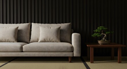 A modern white sofa in an empty, dark room, illuminated by a soft light