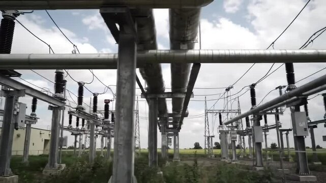 Electrical Power Plant with Silver Pipelines Transformers and Cloudy Sky in Rural Setting