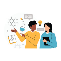 Science Collaboration and Experiment Discussion. Vector illustration showing two students engaged in a science discussion