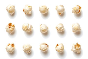 Fifteen pieces of popcorn arranged in a grid pattern on a plain white surface, studio shot close up view
