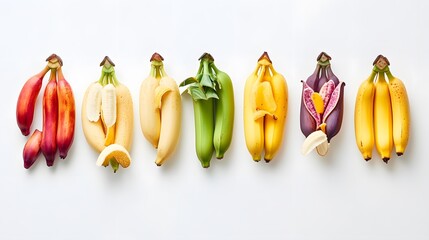 Assortment of bananas showing different varieties and stages of ripeness on a white background surface