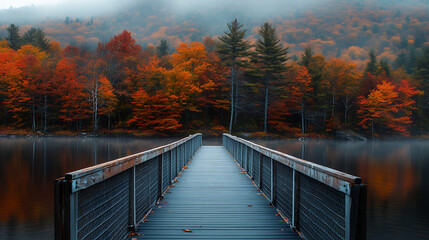 Autumn colors paint a peaceful scene with a wooden bridge stretching across a misty lake surrounded by vibrant fall foliage.