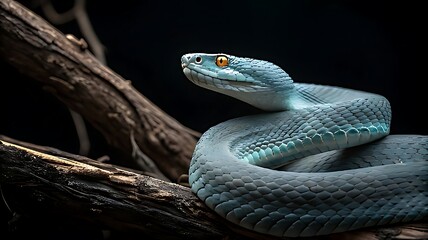 Fototapeta premium Blue insularis viper snake on dark wood branch