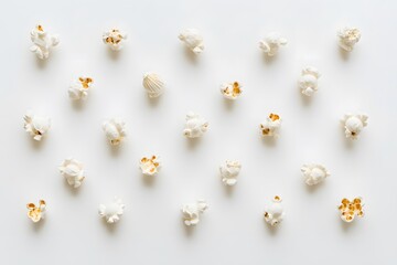 Scattered popcorn pieces on a plain white background creating a simple and clean food presentation style