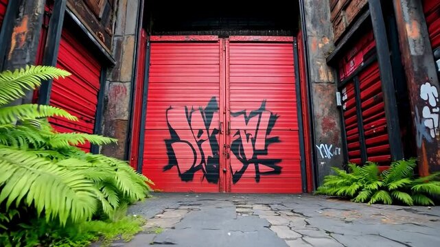 A red garage door with graffiti on the side of it