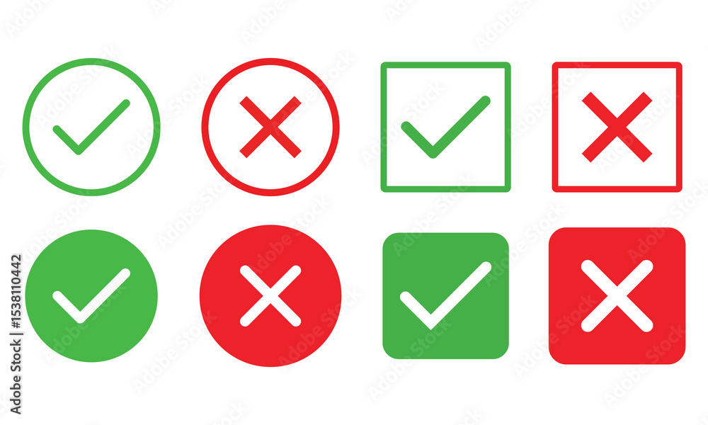 Poster check mark icon button set. check box icon with right and wrong buttons and yes or no checkmark icon