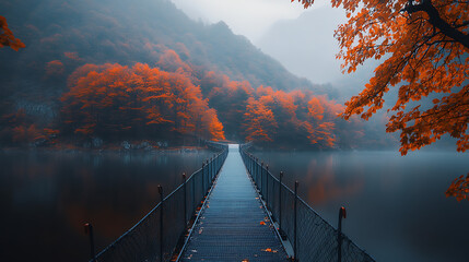 Autumn colors paint a peaceful scene with a wooden bridge stretching across a misty lake surrounded by vibrant fall foliage.