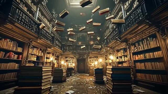 Grand library interior with floating books