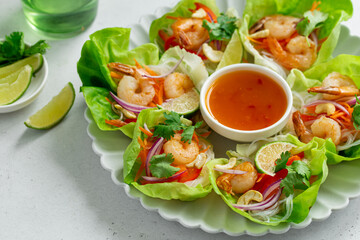 savory shrimps, rice noodles and vegetables  lettuce wraps